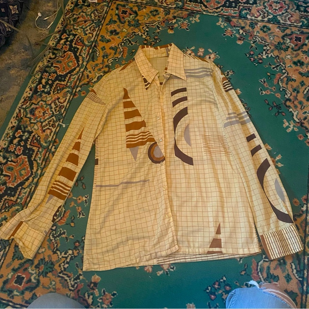 70s abstract geometric button down collard long sleeve unisex vintage retro top